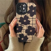 retro stripe coffee milk plaid black flower art phone case for iphone 13 12 11 pro max xs max xr x 7 8 plus case cute soft cover
