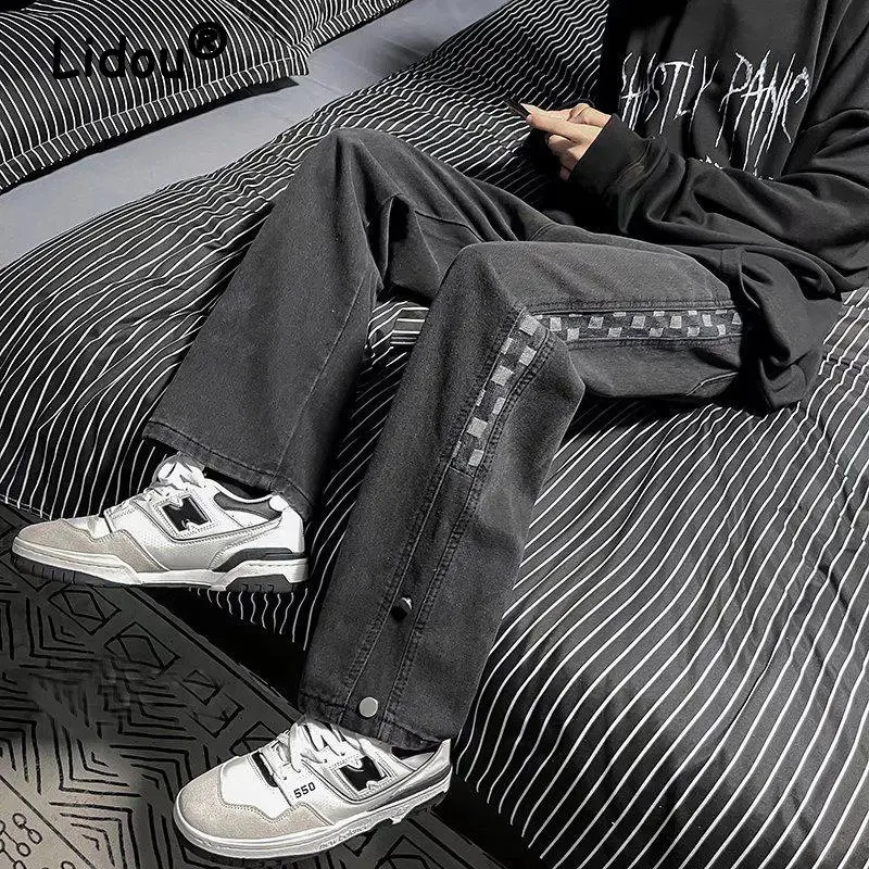 Men's Retro Harajuku Chessboard Print Patchwork High Street Loose Straight Wide Leg Denim Trousers Male Casual Baggy Jeans Pants