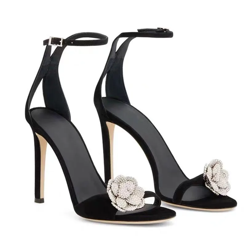 

Rhinestone Flower Suede Sandals Women Summer Sexy Open Toe Ankle Strap Stiletto Heel Dress Party Shoes Black Crystal High Heels