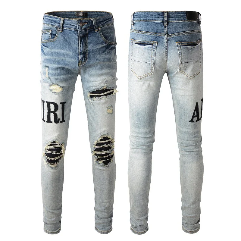 

Men's Light Blue Distressed Patch Streetwear Fashion Slim Embroidered Leather Letter Pattern Damaged Skinny Stretch Ripped Jeans