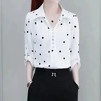 office lady commuter turn down collar polka dot print blouses summer new womens clothing fashion button pullovers elegant shirt