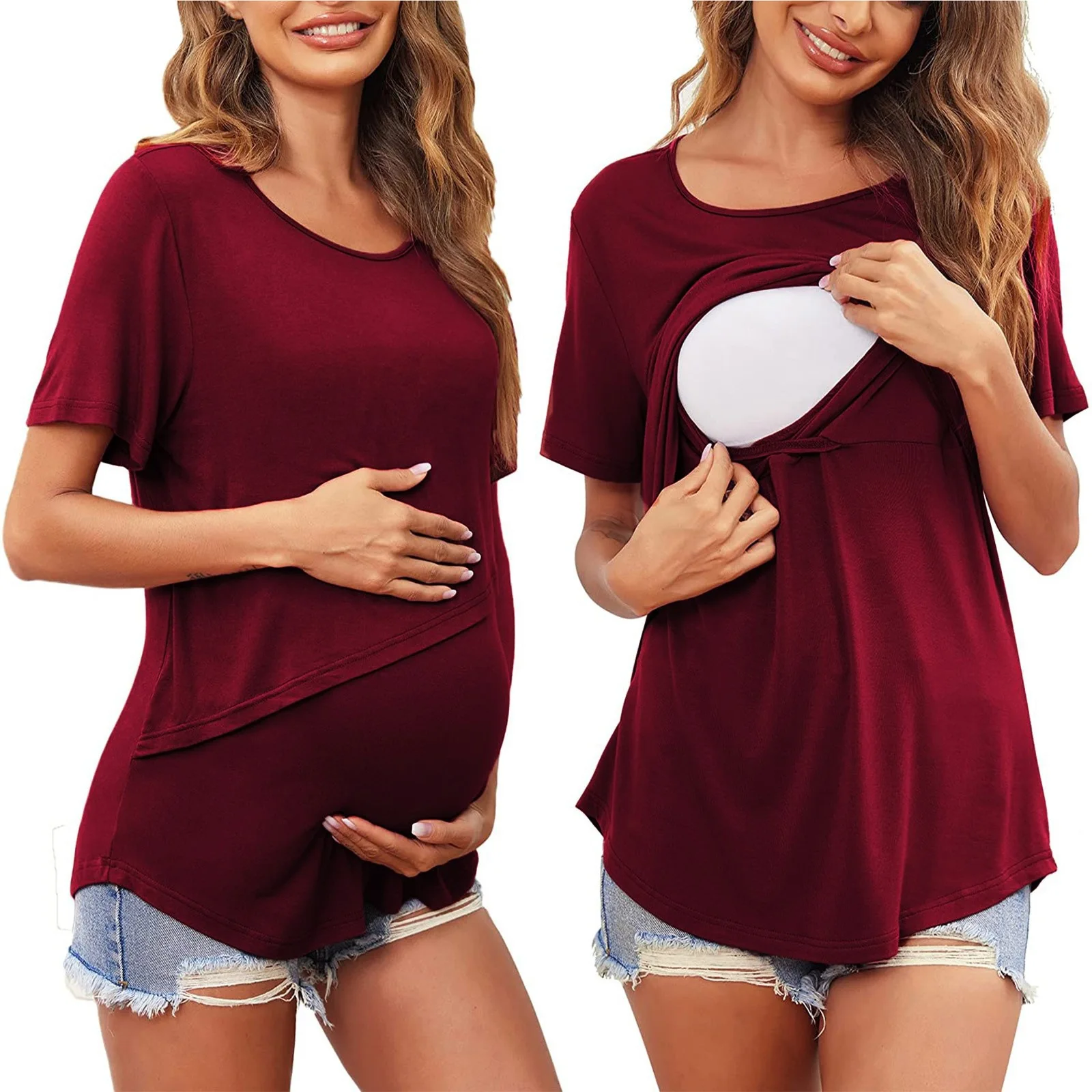 

New Maternity Clothes Womens Short Sleeve Crew Neck Solid Color Asymmetrical Flap Nursed Tops Casual T Shirt For Breastfeeding