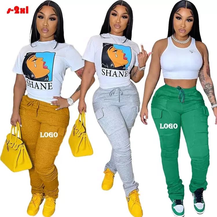 Custom Logo Casual Stacked Joggers Track Trouserspants Winter Fal Clothes Women Solid Drawstring Leggings Sweatpants