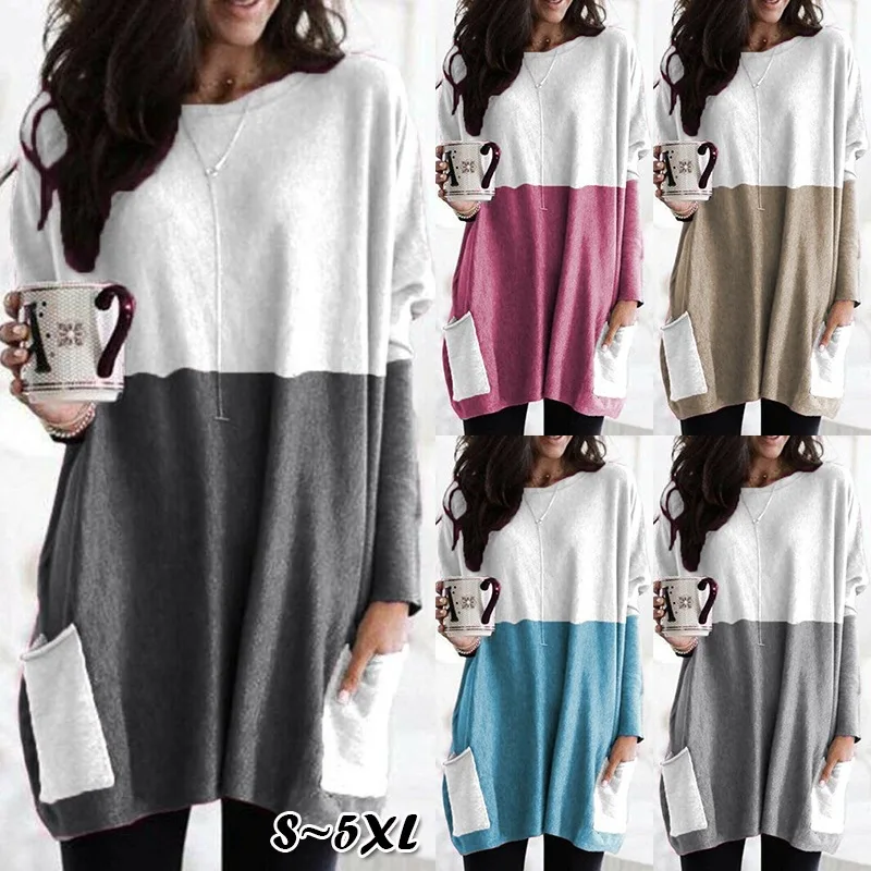 

New Long Sleeve Colored Casual Pocket T-shirt Top Women's Wear