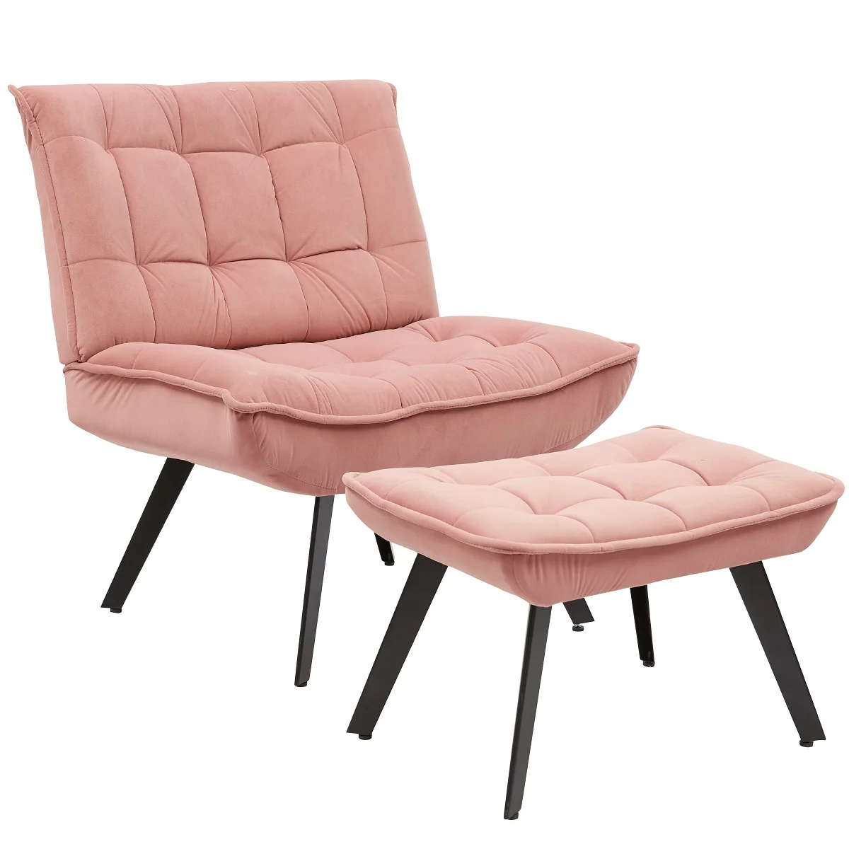

Pink Soft Velvet Material Large Width Leisure Chair Bedroom Chair Lazy Sofa With Ottoman and Black Legs for Living Room