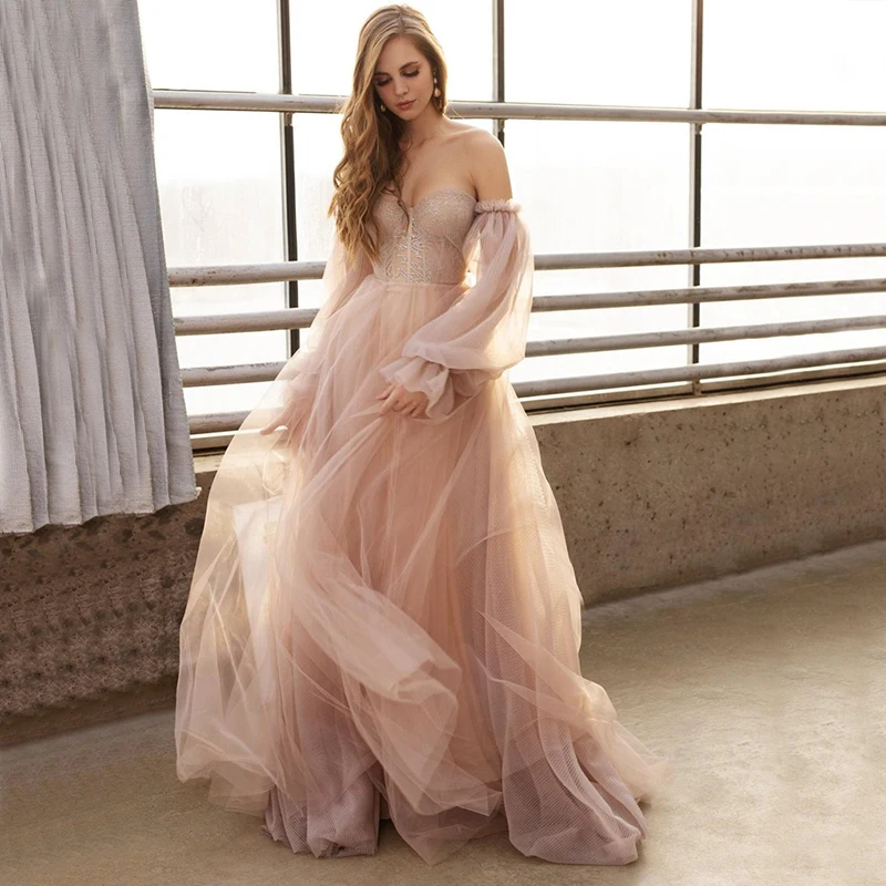 

Женское свадебное платье из тюля, розовое ТРАПЕЦИЕВИДНОЕ ПЛАТЬЕ с открытой спиной и V-образным вырезом, расшитое бисером, с открытой спиной, ...