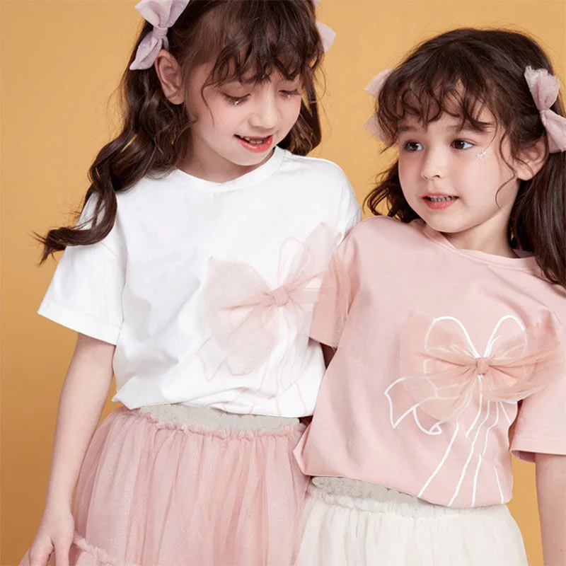 

Летние детские футболки, сетчатые хлопковые футболки с коротким рукавом и бантом, детская одежда