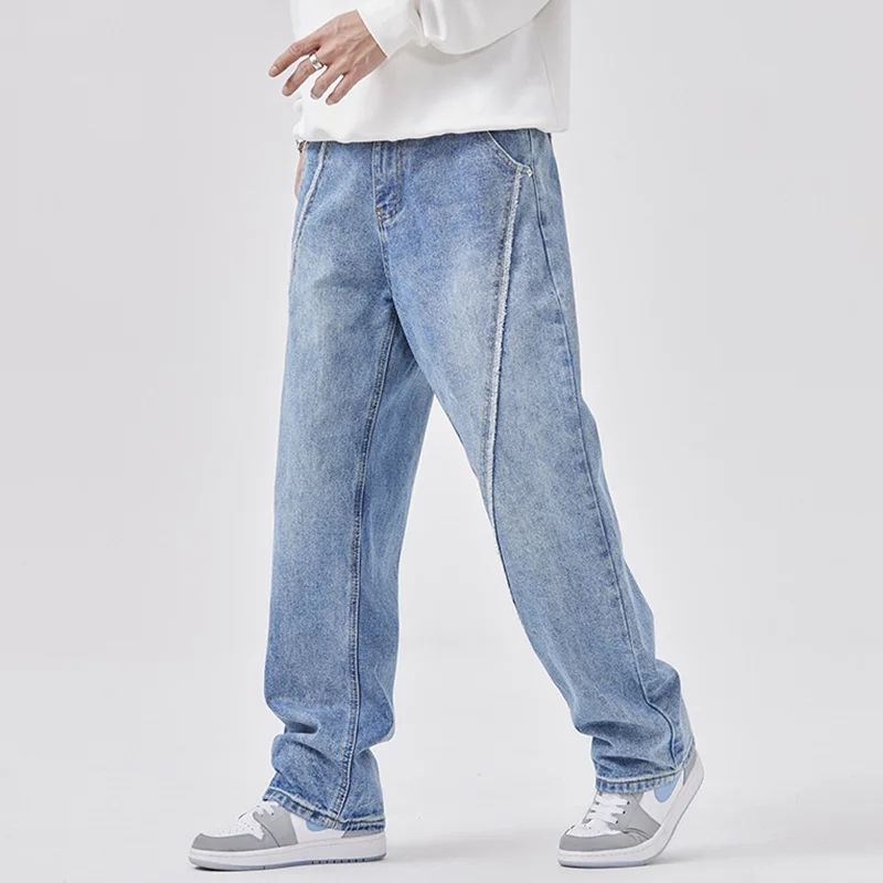 Streetwear Men New Pattern Recreational Sagging Straight Loose Jeans Three Dimensional Pit Strip Design Trousers Autumn Female