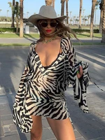 zebra print mini dress for women long sleeve bandage beach dress summer elegant sexy mesh v neck club party dress outfits 2022