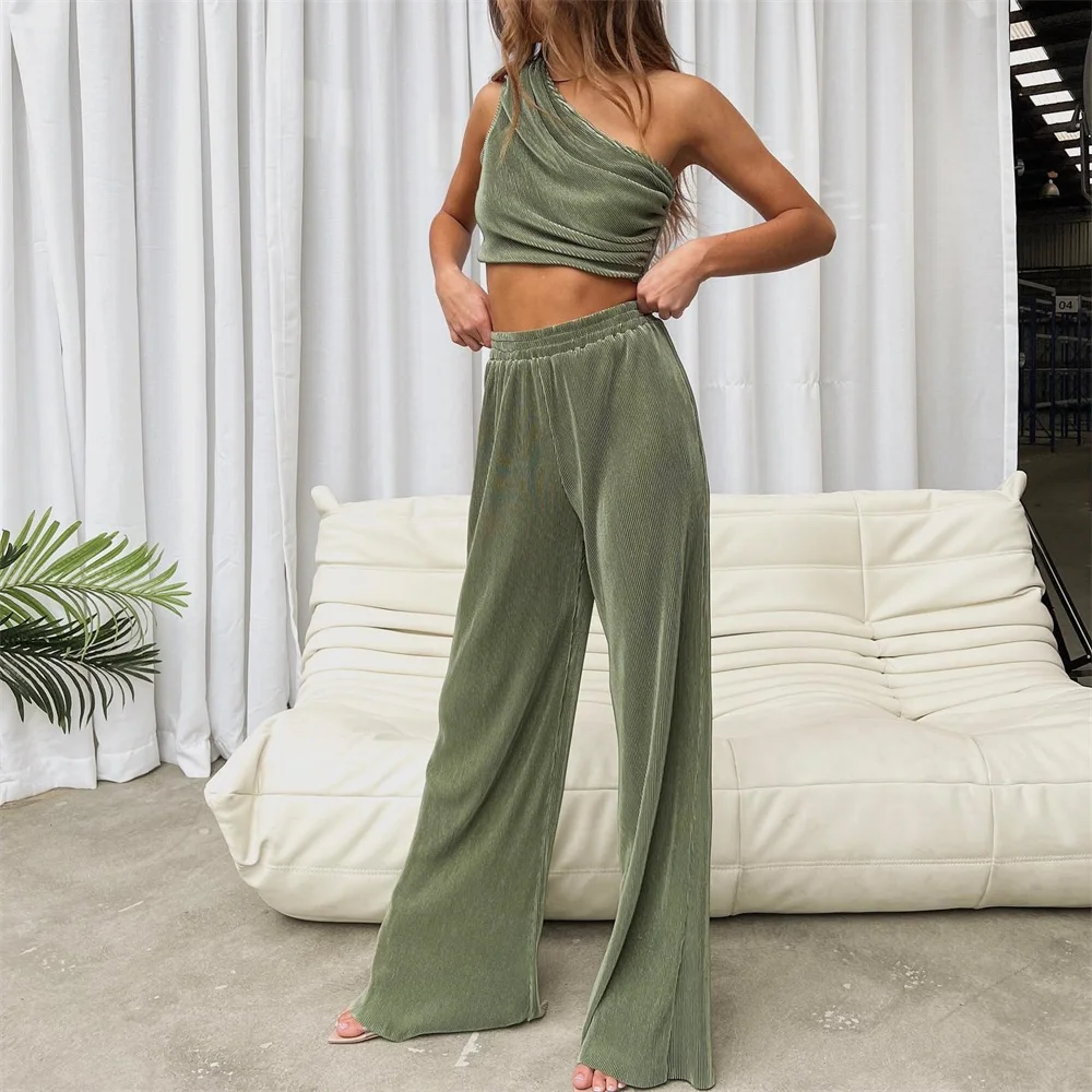 

Женский брючный костюм из двух предметов, комплект из топа без бретелек с открытыми плечами и плиссированных брюк с широкими штанинами, лето 2023