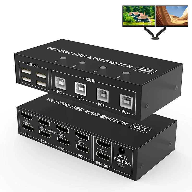 

Dual Monitor HDMI KVM Switch 4x2 Extended Display 4K@60Hz HDMI USB KVM Switcher 4 in 2 out for 4 PC Monitor Mouse Keyboard Share