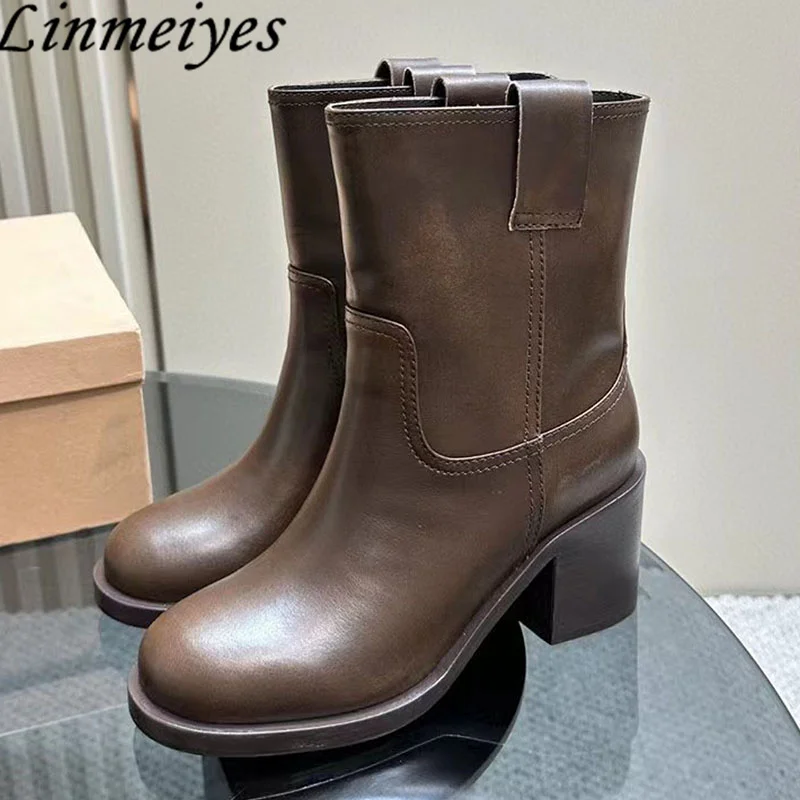 

Ботинки Челси женские из натуральной кожи, сапоги В рыцарском стиле на квадратном каблуке, туфли с круглым носком, короткие сапоги на массивном высоком каблуке