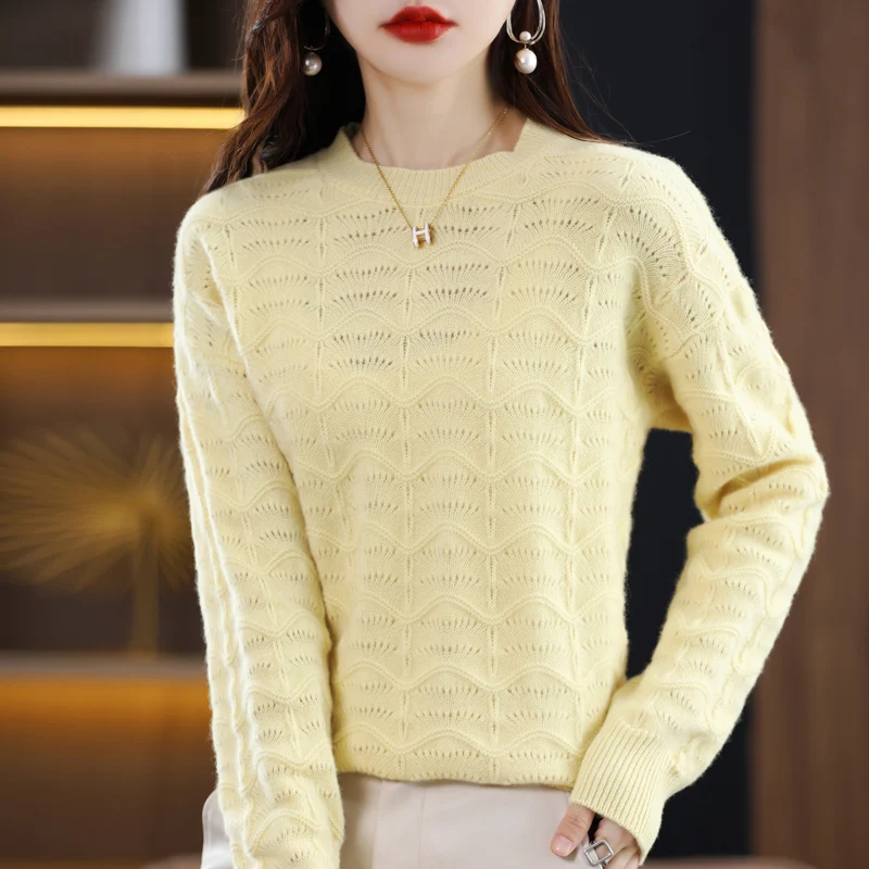 Crocheted Hollowed-Out 100% Pure Cashmere Sweater For Women 22 New Fall/Winter Round Neck Sweater For Of Woolen Knitwear