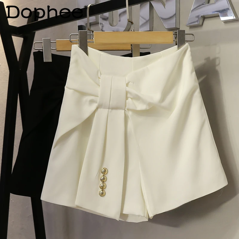 

2022 Summer Short Femme New Design Irregular Ribbon High Waist Slimming A-Line Wide Leg Women's Casual Shorts White Black Office