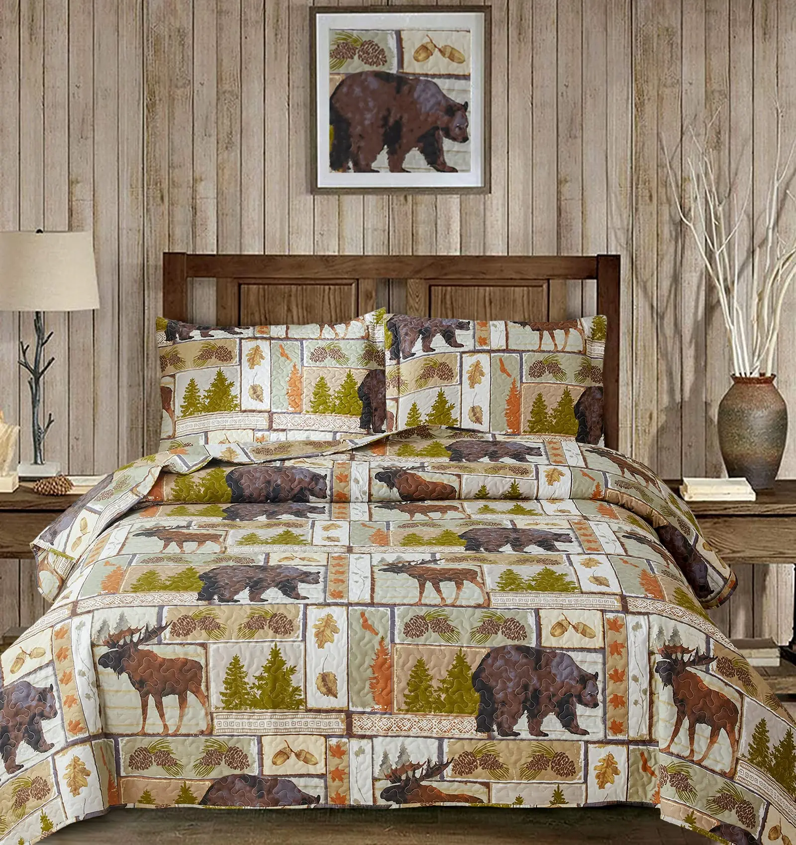 

Lodge Queen Size Quilt Sets Bear Plaid Rustic Lightweight Bedspread Cabin Deer Reversible Coverlet Set Maple Leaf Bedding Cover