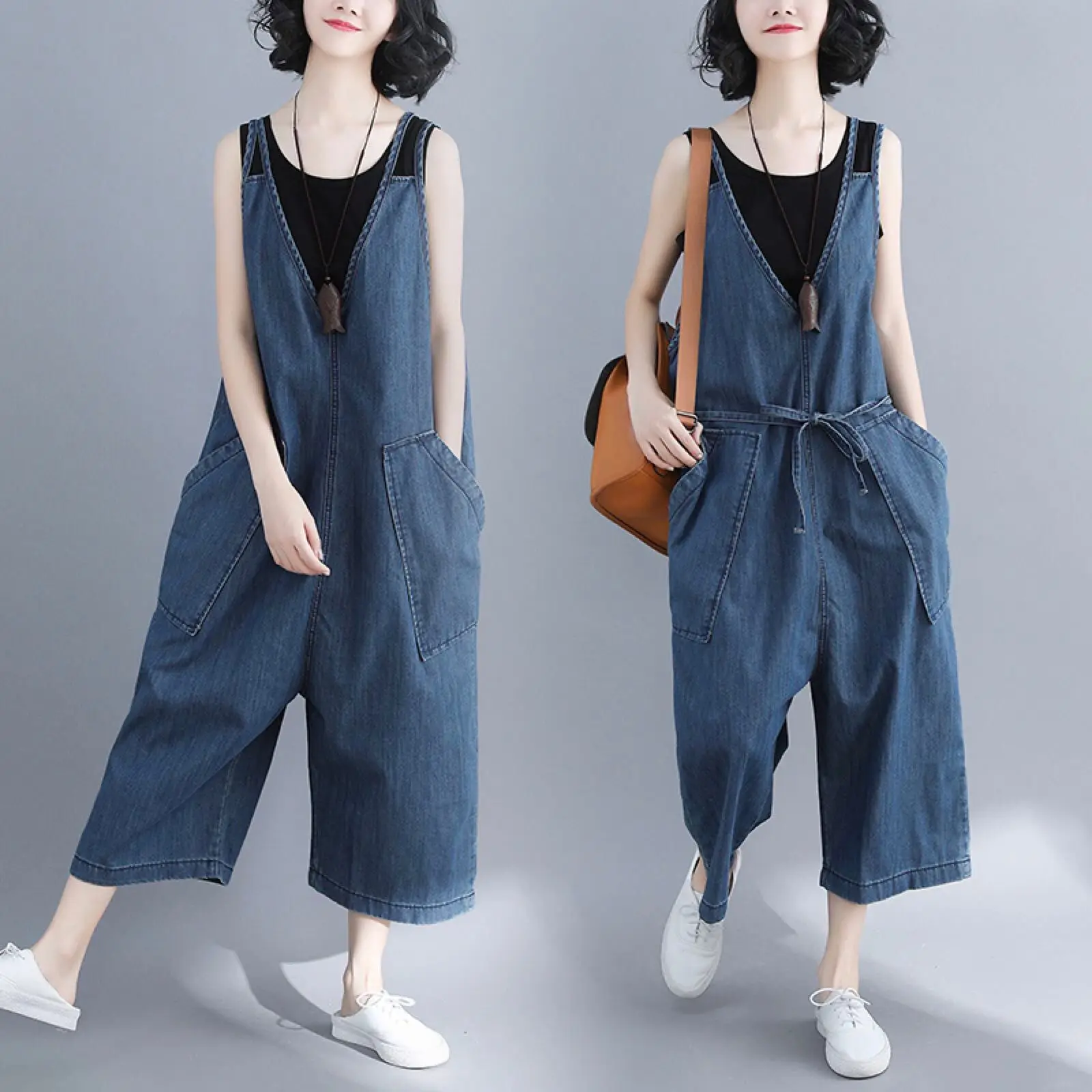 

Women's 2022 New Loose Denim Overalls Elegant Mid Waist Loose Pocket Romper Lady Spring Summer Wide Leg Pants Cowboy Overalls