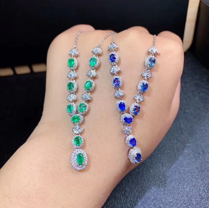 

Ожерелье LLS5 с синим сапфиром/зеленым изумрудом для женщин, ювелирные изделия из серебра, натуральный драгоценный камень, Настоящее серебро,...
