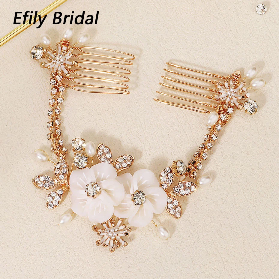 

Efily Bride Wedding Hair Accessories Flower Headband Rhinestone Pearl Bridal Hair Comb Tiara Headpiece Jewelry Bridesmaid Gift