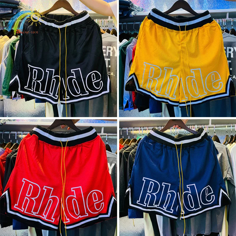 

High Street Drawstring Yellow Blue Rhude Shorts Men Women 1:1 Loose Breathable Mesh RHUDE Breeches Long String With Tags