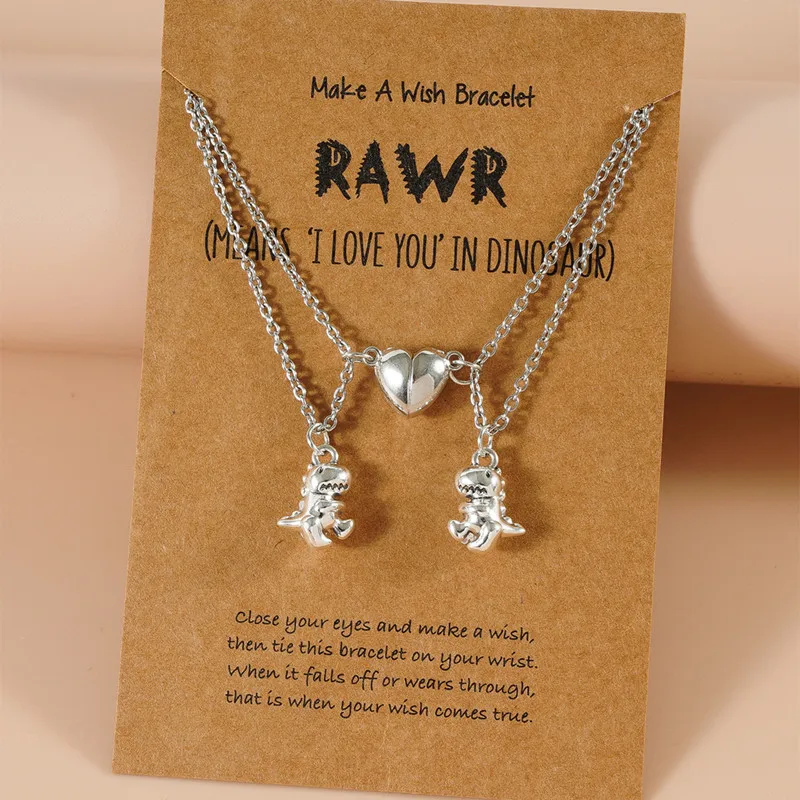 

2 Pcs Couple Necklace Magnet Lover Heart Dinosaur Magnetic Pendant Necklaces for Women Men Friendship Party Jewelry