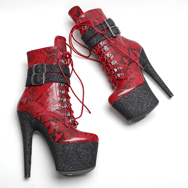 Leecabe 17CM/7inches ankle boots snakeskin upper fashion   platform party  shoes Pole Dance boot
