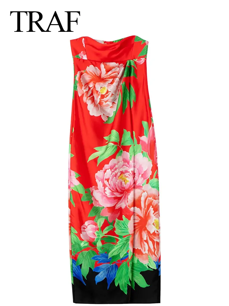 

TRAF Chinese Storm Bright Red Peony Flower Print Side Zipper Lady Dress Elegant Village Temperament Retro Long Women Dress