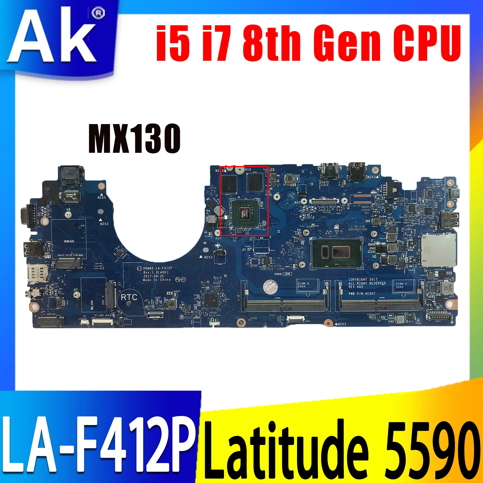 

For Dell Latitude 5590 Laptop Motherboard Intel i5 i7 8th Gen CPU MX130 GPU CN-0630XH CN-0P50J0 Mainboard DDM80 LA-F412P