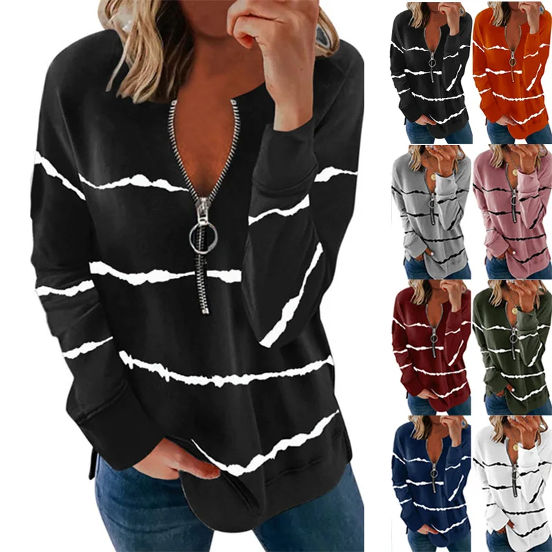 

Spring/Summer 2023 New Stripe Zipper V-Neck Long Sleeve Loose Women's T-Shirt Sweater