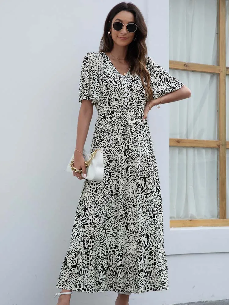 Женский сарафан с леопардовым принтом новое летнее платье макси V-образным