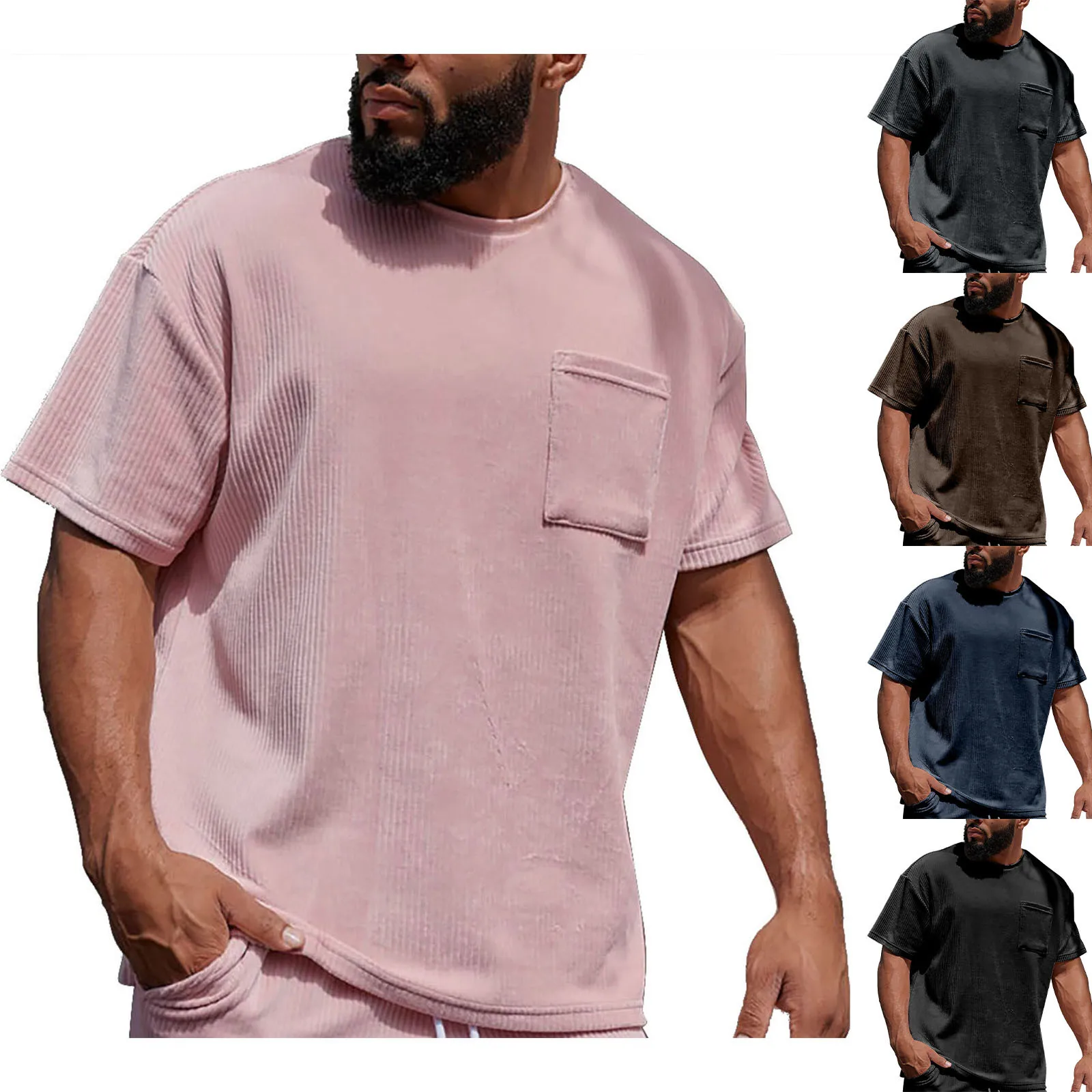 

Long Tee Shirt Men'S Fashion Spring And Summer Casual Short Sleeved Round Neck Corduroy Tall Size T Shirts for Men Men's Tees