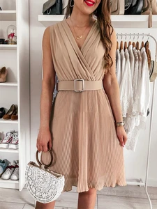 Elegant Patchwork Sashes Pleated Solid Dresses Femme 2022 Casual Women Slim A Line Office Dress Summer V Neck Beach Party Dress