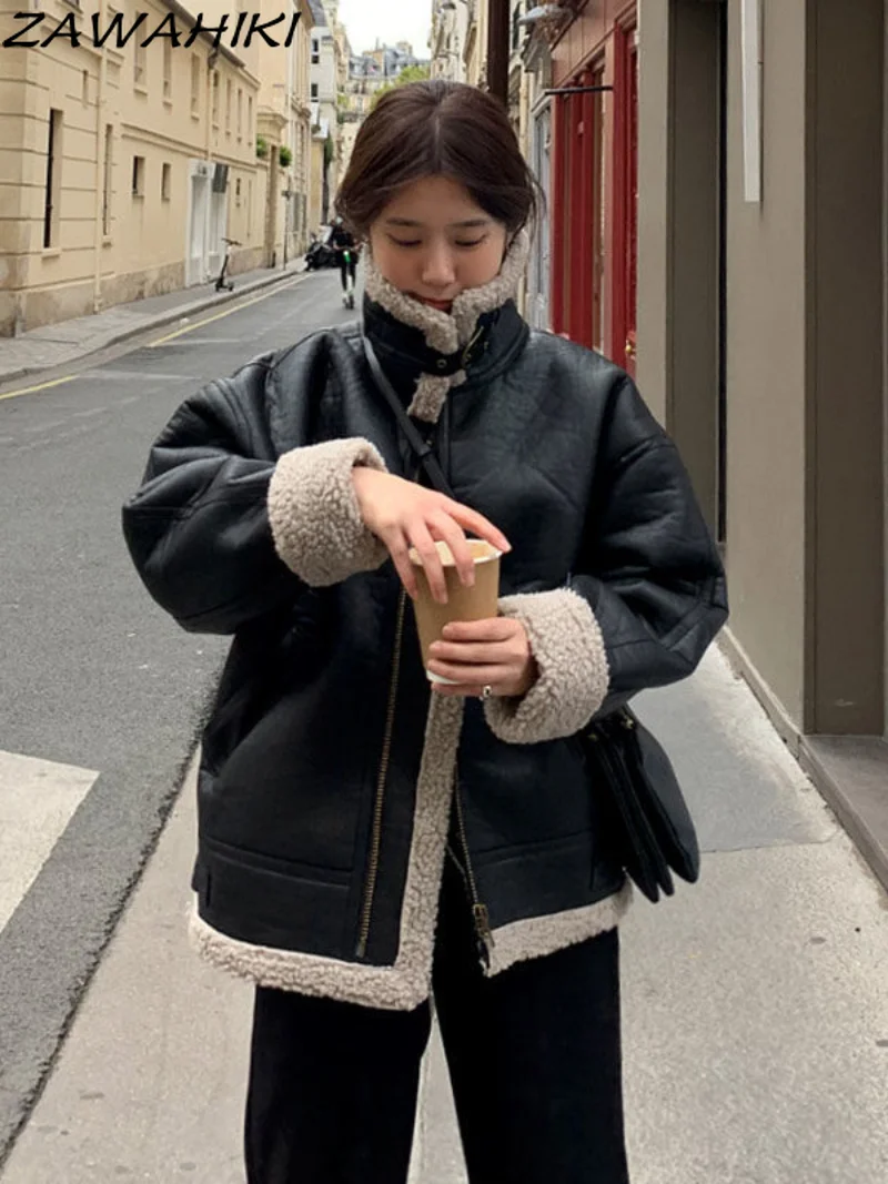 

Winter Furry Jacket Women Thick Faux Leather Jacket Women Coat Warm Lamb Biker Coat Female Casual Belt Outwear Ladies