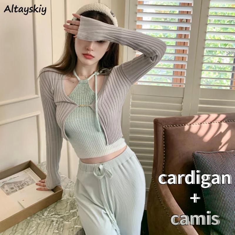 

Women Sets Cardigan Camisole Cropped Slim Sexy Gradient Tender Youth Chic Cool Kawaii Halter Y2k Lazy Sun-proof Knitted Spring