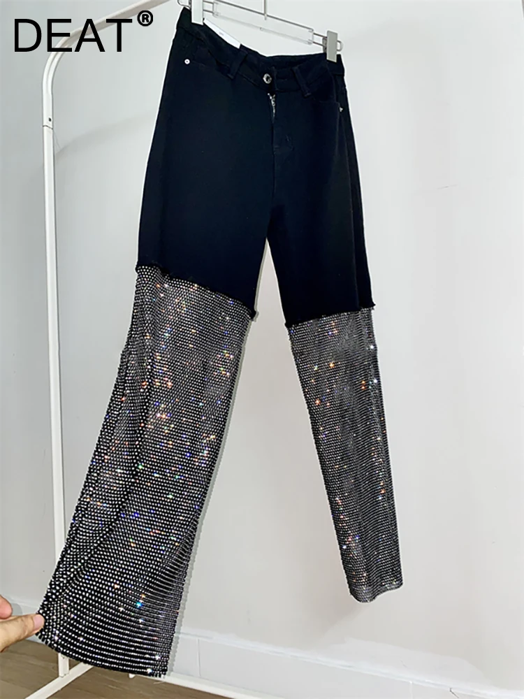 Женские джинсы с высокой талией DEAT прямые джинсовые брюки в стиле пэчворк