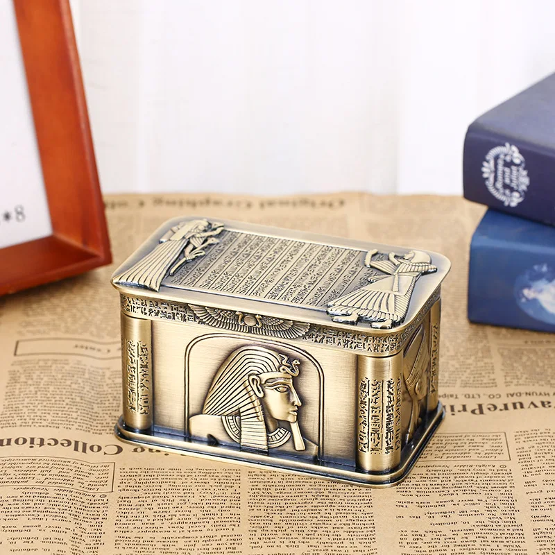 

Vintage Egypt Pharaoh Metal Relief Jewelry Box Egyptian Gift Storage Case Home Art Craft Decoration Organizer