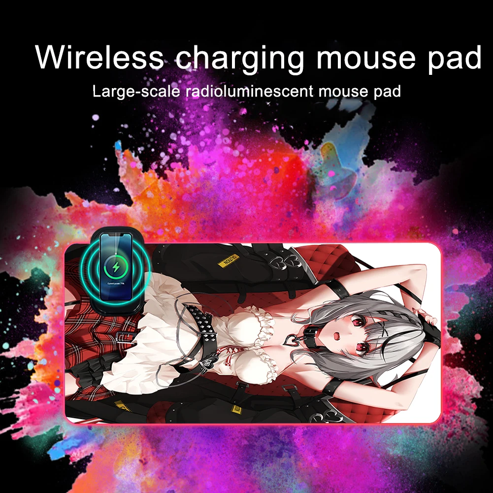 

Cute Anime Girl Sakamata Chloe RGB LED Mouse Pad Kawaii Sexy Wireless Charging XXL Backlit Gaming Accessories Playmats Carpets