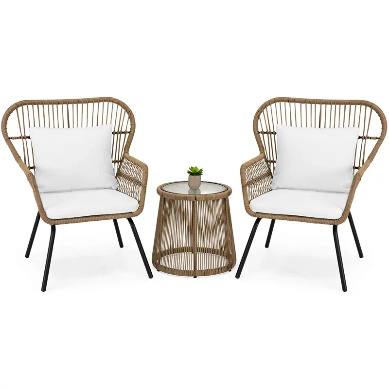 

3-Piece Patio Wicker Conversation Bistro Set w/ 2-Chairs, Glass Top Side Table, Cushions