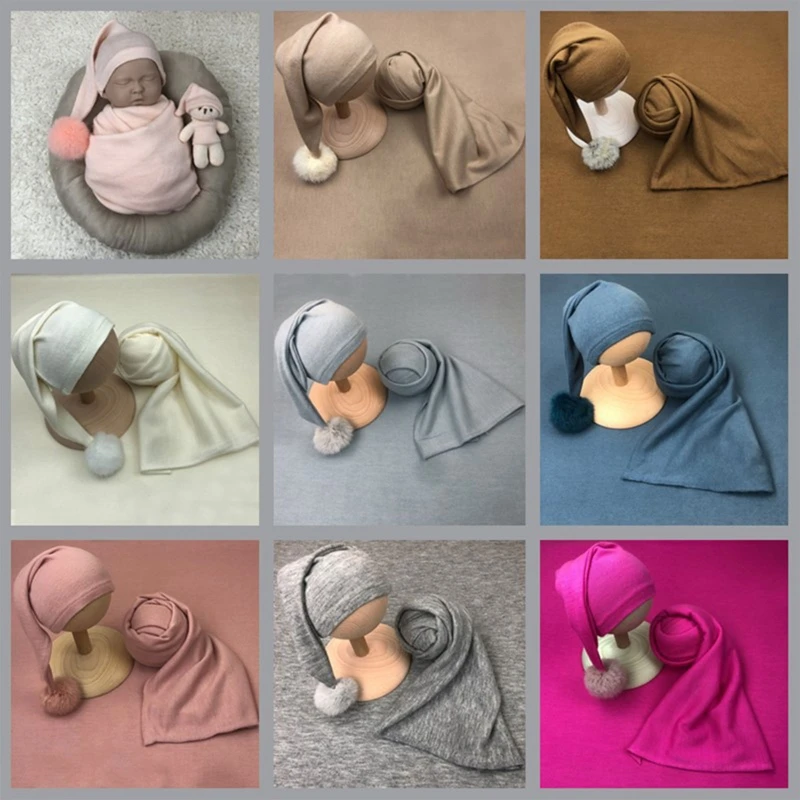 

2 Pcs Baby Receiving Blanket Beanie Set Infants Sleeping Swaddle Wrap Turban Pompom Hat Newborn Photography Props