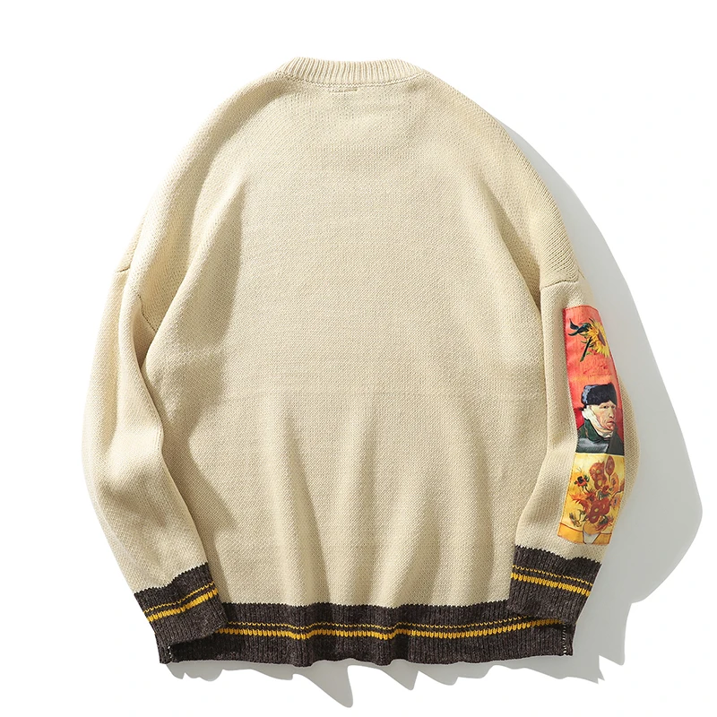 2023 Mens Japanese Harajuku Retro Sunflowers & Self-portrait of Van Gogh Sweater Sweater Y2K Autumn Loose Hip Hop Streetwear