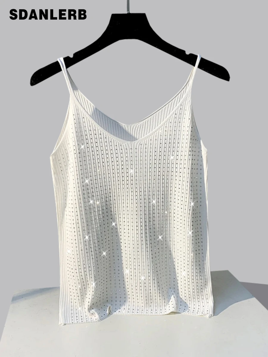 

Heavy Embroidery Hot Drilling Sexy Sling Basic Bottoming Shirt Sleeveless Outer Wear Slim Knitted Vest Summer Women's Tank Top