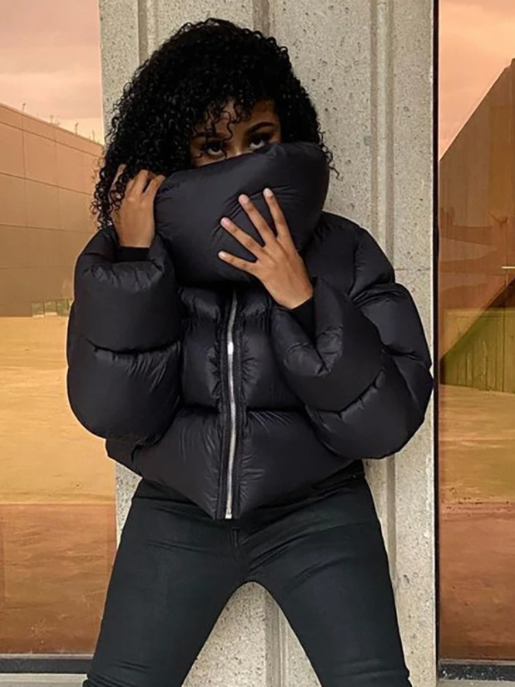 Winter Casual Black Oversized Bubble Coat for Women 2022 Fashion Zipper Scarf Collar Short Puffer Jackets Green Parka Streetwear