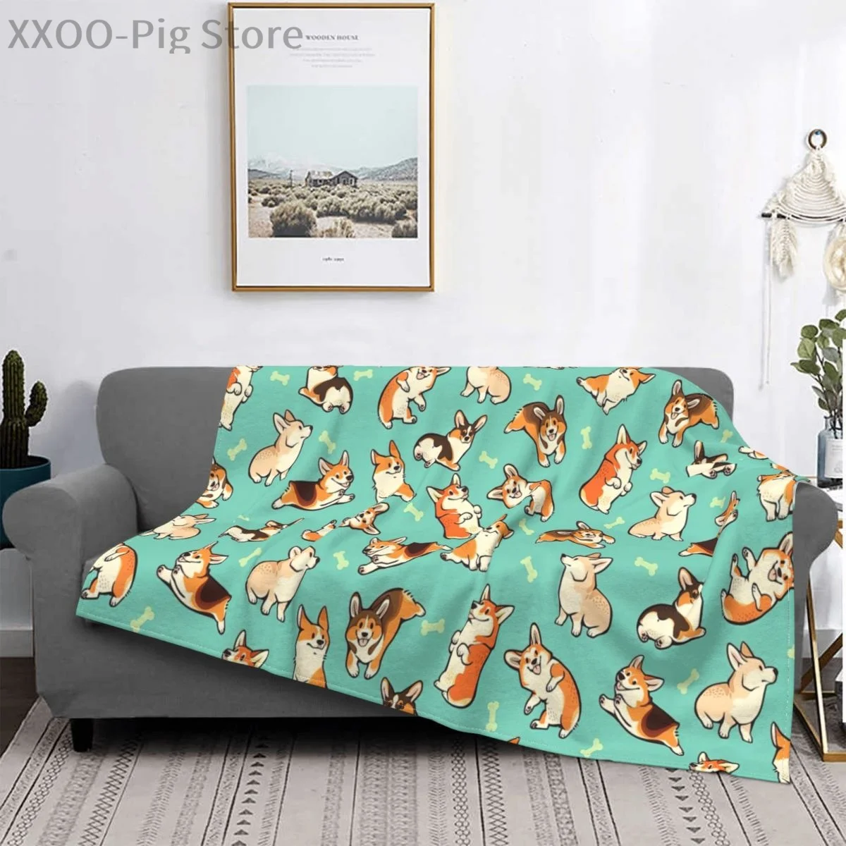 Dog Corgi Cartoon Throw Blanket Cute Kids Design Corgis in Green Blankets for Beds Christmas Decorations for Home