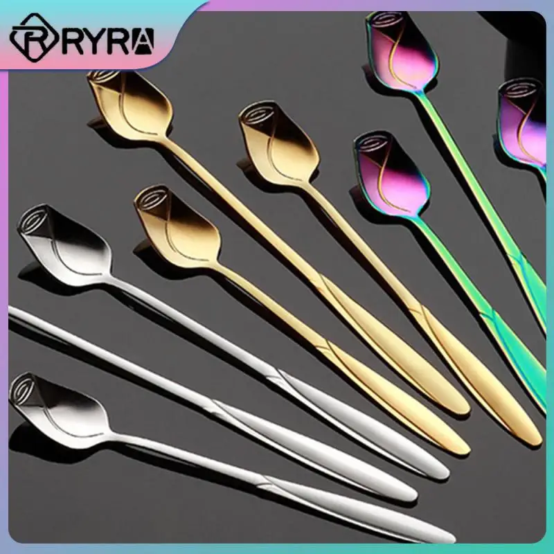 

2/4/5PCS 13/15/17cm Long Handle Ice Cream Dessert Spoons Rainbow Color Wedding Companion Gift Stainless Steel Vingtage Rose