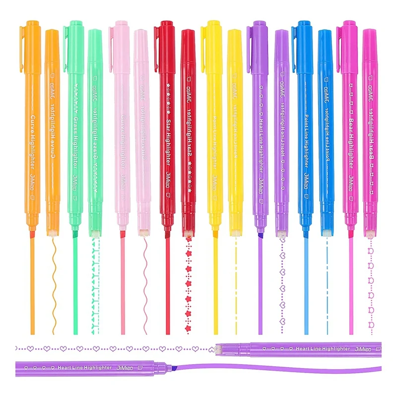 

16 Pcs Curve Highlighters Pen Dual Tip Markers Pen Set With 8 Different Curves For Coloring, For Kids