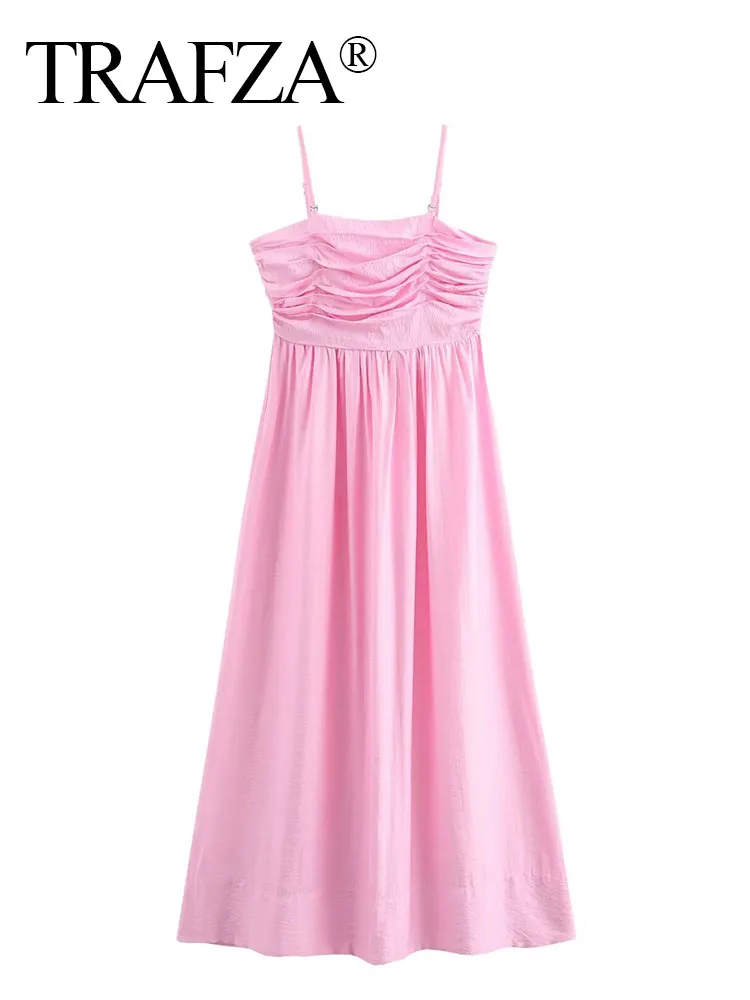 Женское платье трапециевидной формы TRAFZA розовое длинное на бретельках без