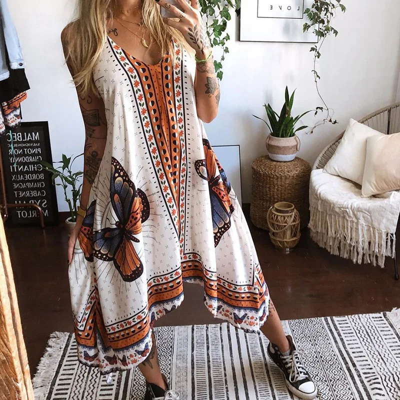 

Women's Midi Dress 2022 Fashion New Sling Polyester Butterfly Print Sexy Backless Irregular Ladies Dress SJ383