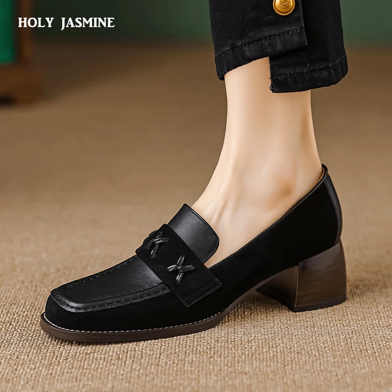 2023 New Slip on Genuine Leather Shoes Woman Classics Loafers Platform Pumps Ladies Square High Heels Single Shoes Luxury Shoes