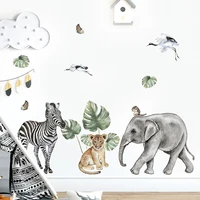 cartoon elephant cheetah animal leaves watercolor wall sticker vinyl baby nursery art decals for kids room home decoration