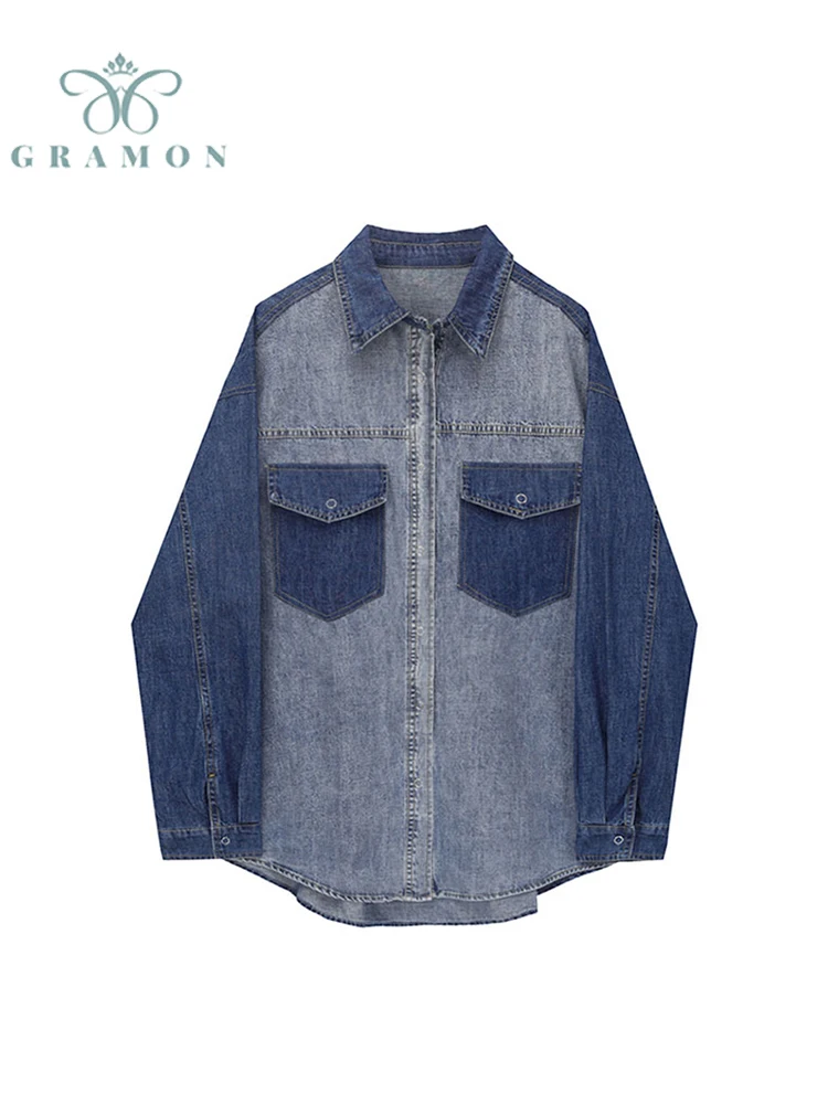 

Vintage Blue Patchwork Denim Jacket Women Oversized Coat Casual Designer Pocket Single Breasted Female Outwear Tops Spring New