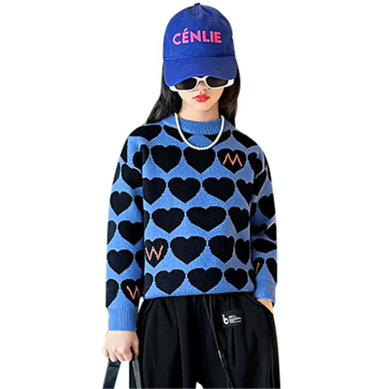 

Мягкий свитер для девочек на весну и осень, детский вязаный пуловер, повседневные топы с рисунком сердечек для детей 6, 8, 10, 12, 14 лет